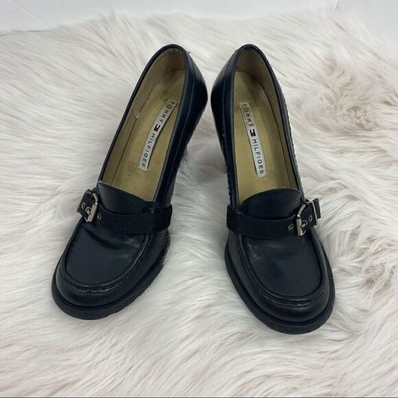 Tommy Hilfiger Black Leather Buckle Heels - Picture 2 of 9